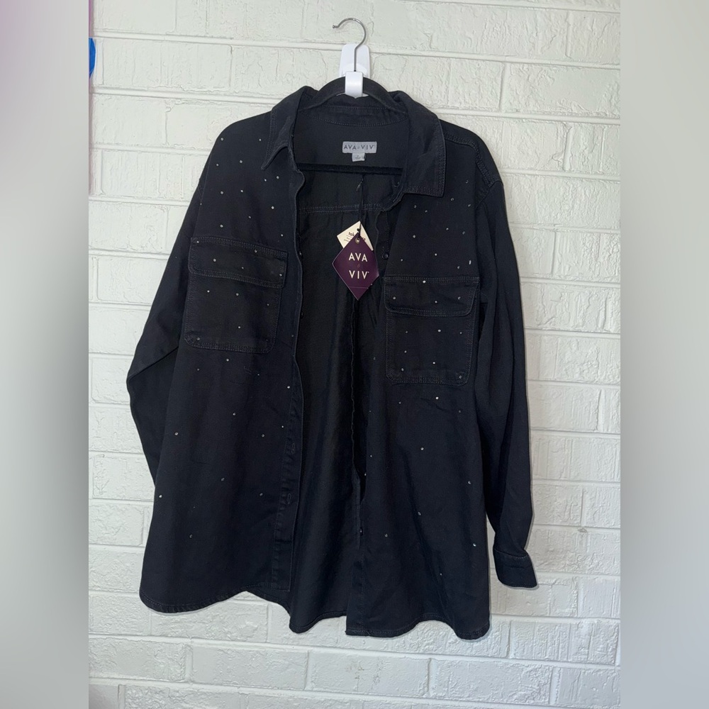 AVA & VIV 1X & 3X women’s long sleeve embellished denim button down shirt  ✨ - Picture 3 of 6